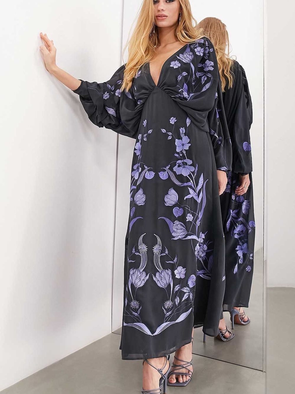 ASOS Curve Batwing Chiffon Maxi  Dress with Subtle Lavender Trim Embroidery